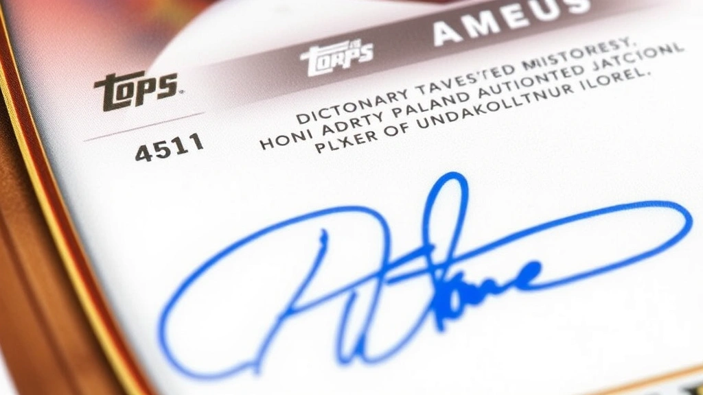 Close-up detail shot of Topps Signature Class card showing hologram security features, serial numbering, and authentic player autograph signature in blue ink