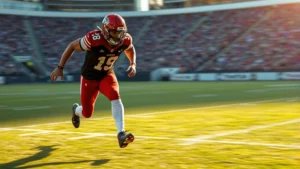 Athletic football player in full uniform performing explosive sprint acceleration on grass field, intense effort and power, dynamic motion blur, professional stadium lighting, photorealistic action shot