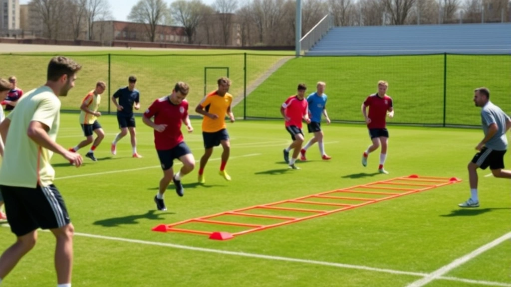 Diverse group of football athletes performing agility ladder drills during practice, showing quick footwork and coordination, bright daylight training field, multiple players demonstrating speed work, energetic training environment