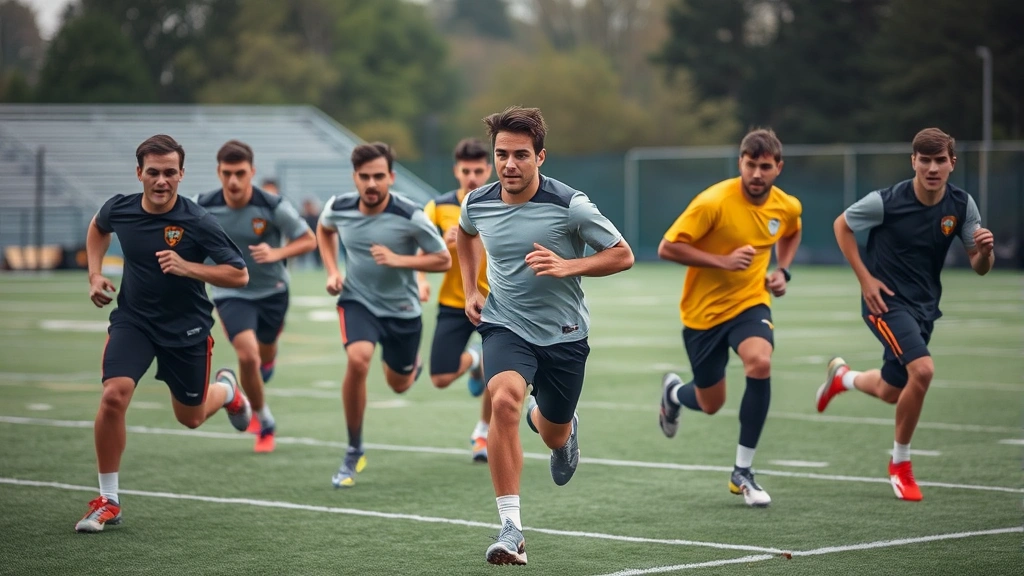 Football team conditioning drill with players running sprints in formation, showing cardiovascular training intensity, sweat and effort visible, professional coaching environment, athletic performance focus