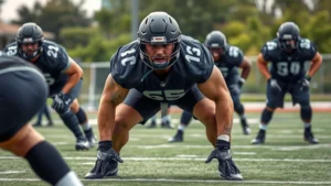 College football defensive lineman in three-point stance showing explosive lower body position and intense facial expression during high-intensity conditioning drill on football field