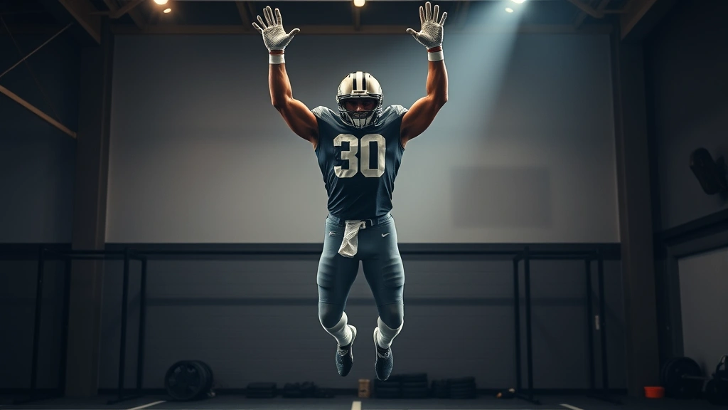Football player performing vertical jump test with arms raised explosively, demonstrating peak athletic power and lower body strength in professional training environment