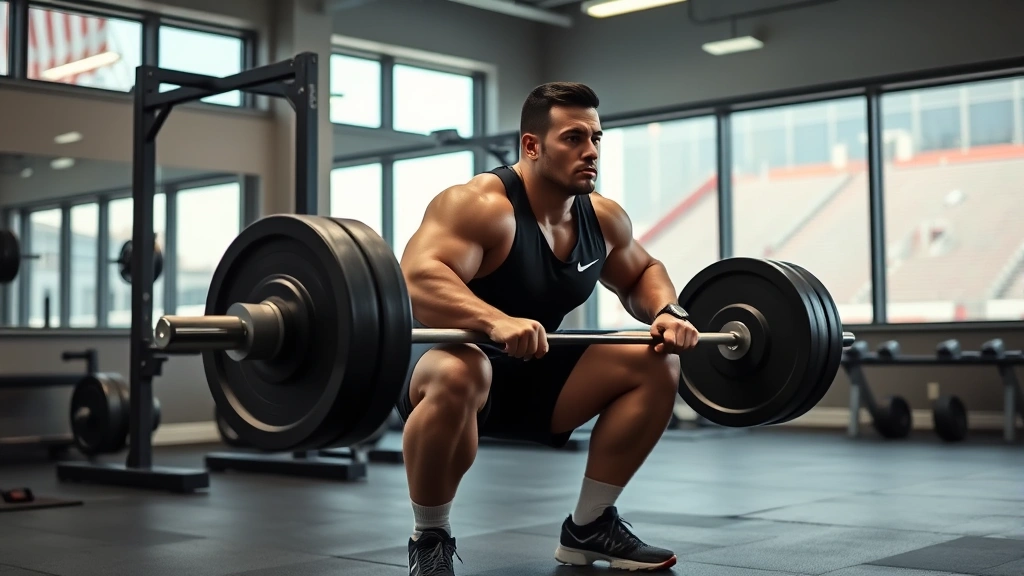 Offensive lineman executing weighted barbell squat with perfect form, showcasing lower body strength training in modern college football weight room with stadium visible through windows