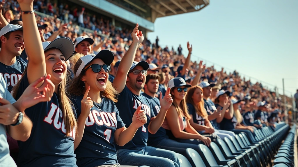 Excited college football fans cheering in stadium seats wearing UConn blue gear, bright daylight, authentic crowd energy and passion visible