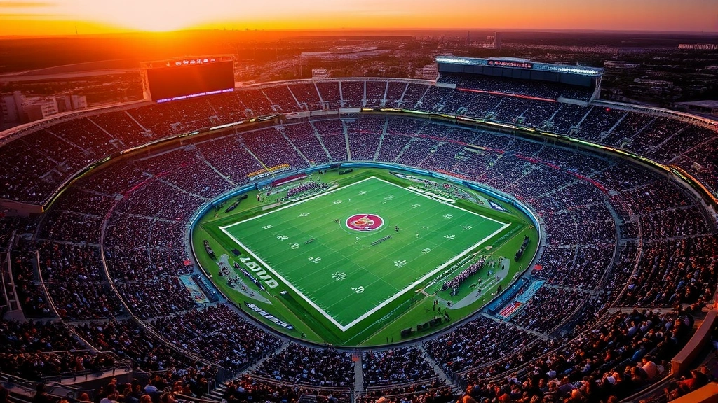 Aerial view of packed football stadium during game with field visible, thousands of fans in seats, evening lighting creating vibrant atmosphere