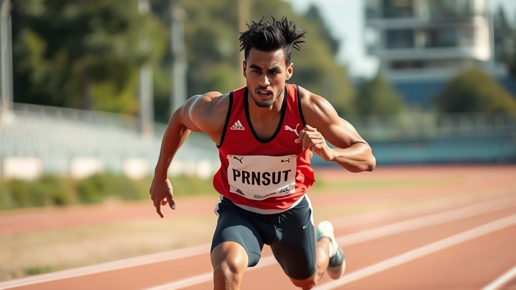 Athlete sprinting at full speed on outdoor track with blurred background, intense facial expression, athletic wear, natural daylight, photorealistic, dynamic motion