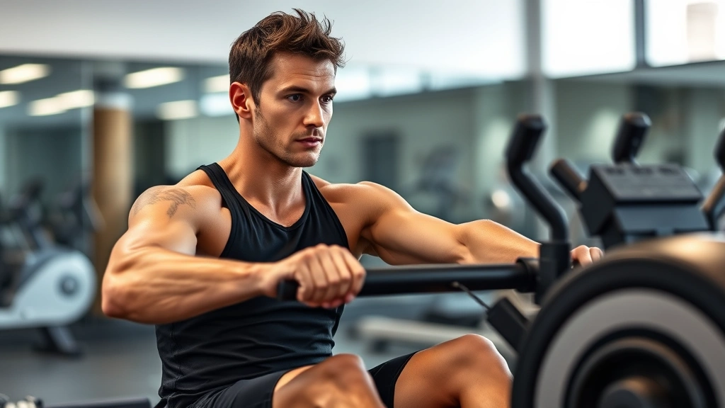 Fit person rowing on rowing machine with perfect form, focused expression, modern gym setting, sweat visible, muscular engagement, motivational energy, professional photography