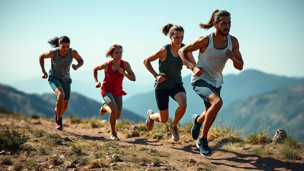 Group of athletes performing hill sprints outdoors, pushing hard uphill, mountainous landscape background, determination visible, athletic conditioning in nature, photorealistic action shot