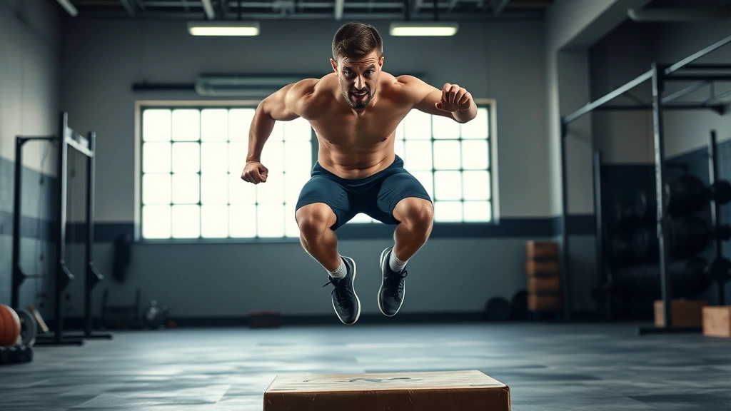 Athletic football player performing explosive box jump in modern weight room with bright lighting, concrete floor, intense focused expression, mid-jump with powerful form