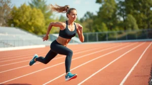 Athletic woman performing high-intensity interval training sprint on outdoor track, maximum effort explosive movement, professional fitness setting