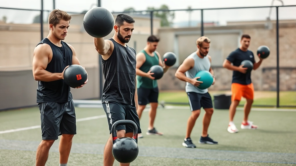 Group of athletes performing circuit training with kettlebells and medicine balls, team conditioning workout, outdoor training area, professional sports fitness
