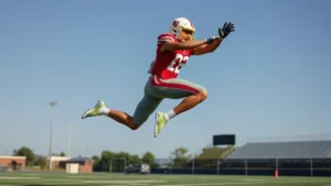 College football athlete performing explosive vertical jump test on outdoor field with perfect form, muscular physique, dynamic movement captured mid-jump against clear sky