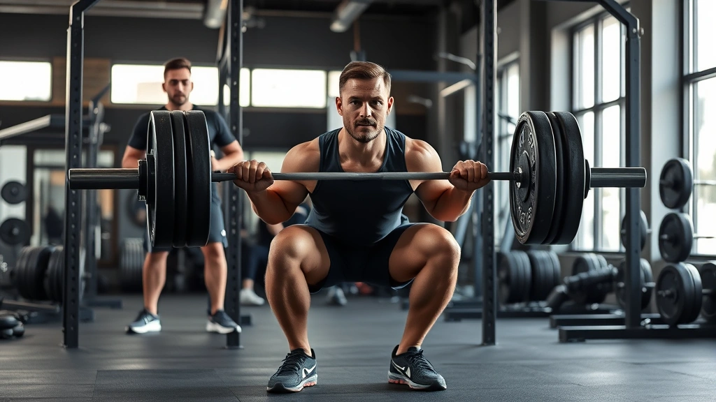 Strength training session showing athlete executing barbell squat with proper form, spotters present, professional gym environment with natural lighting, focused intensity