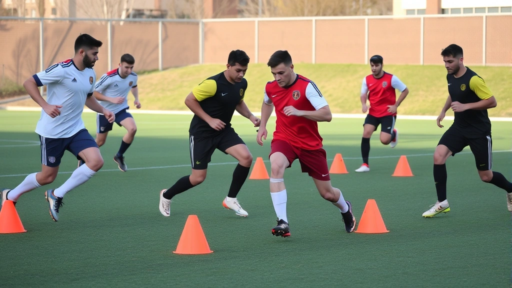 Football players executing high-intensity agility drill with cones, lateral movement and directional changes, outdoor field conditions, multiple athletes in action showing reactive movement