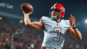 Professional football quarterback mid-throw during intense college game, stadium lights, muscular athlete in motion, competitive intensity visible in facial expression and body mechanics