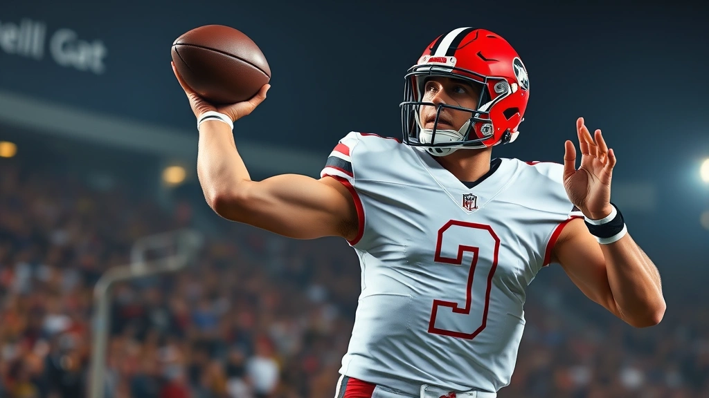 Professional football quarterback mid-throw during intense college game, stadium lights, muscular athlete in motion, competitive intensity visible in facial expression and body mechanics