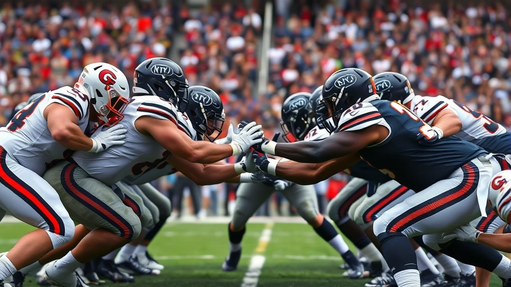 Defensive linemen engaged in blocking battle at line of scrimmage, multiple players demonstrating leverage and technique, athletic bodies in perfect form, stadium background blurred