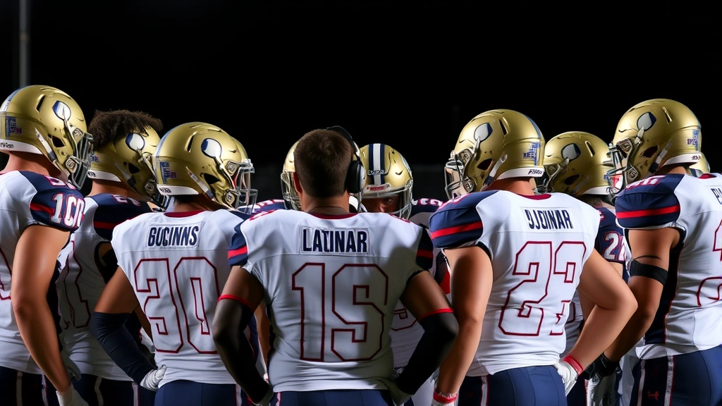 Team huddle with players gathered close showing leadership and communication, athletes in football uniforms listening intently to coach's instructions, focused expressions and body language