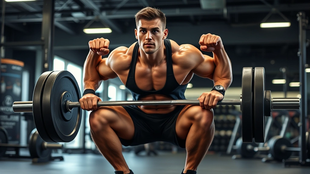 Muscular athlete performing heavy barbell squat with perfect form in modern gym, focused expression, intense effort captured mid-lift, professional lighting