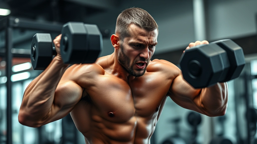Advanced lifter performing drop set exercise with dumbbells, showing muscle engagement and training intensity, sweat visible, determined facial expression, gym setting