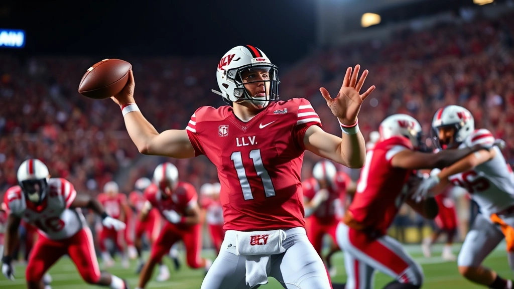 Professional college football quarterback in UNLV uniform executing perfect passing mechanics during game action, stadium lights illuminating the field, defenders rushing from multiple angles