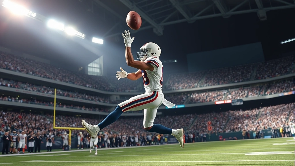 Wide receiver in mid-route breaking separation from defender, football suspended in air with perfect spiral rotation, stadium full of spectators, capturing explosive offensive playmaking moment