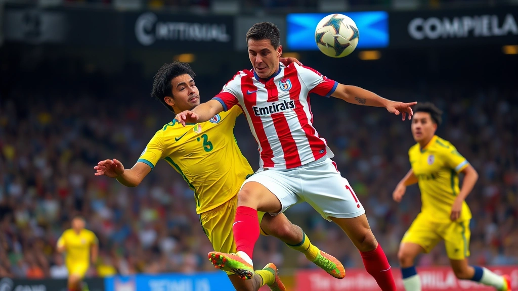 Professional soccer players in red and white striped Uruguay kit and yellow Colombia kit competing for the ball during an intense international match, dynamic action shot with stadium background, high-quality sports photography