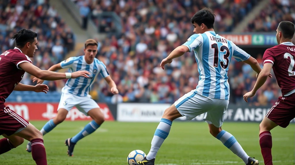 Professional football players in intense tactical battle, one team in light blue striped jersey executing precise passing drill, opponent in maroon kit defending with focused determination, stadium atmosphere visible, dynamic movement captured mid-play, professional sports photography