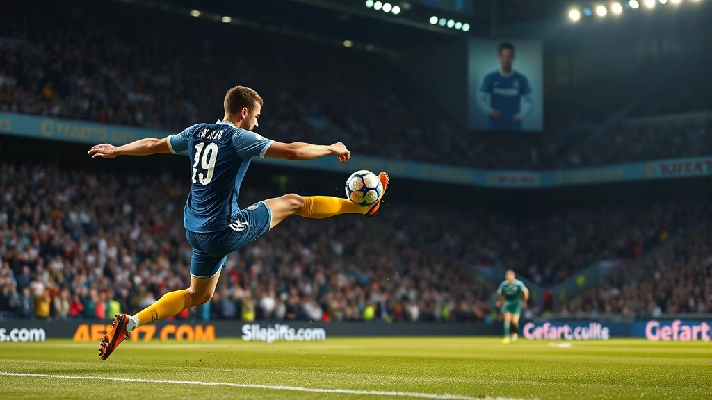 Athletic midfielder executing powerful long-range shot with perfect form, goalkeeper diving reaction, stadium crowd blurred background, dynamic action photography showing explosive athletic movement and concentration