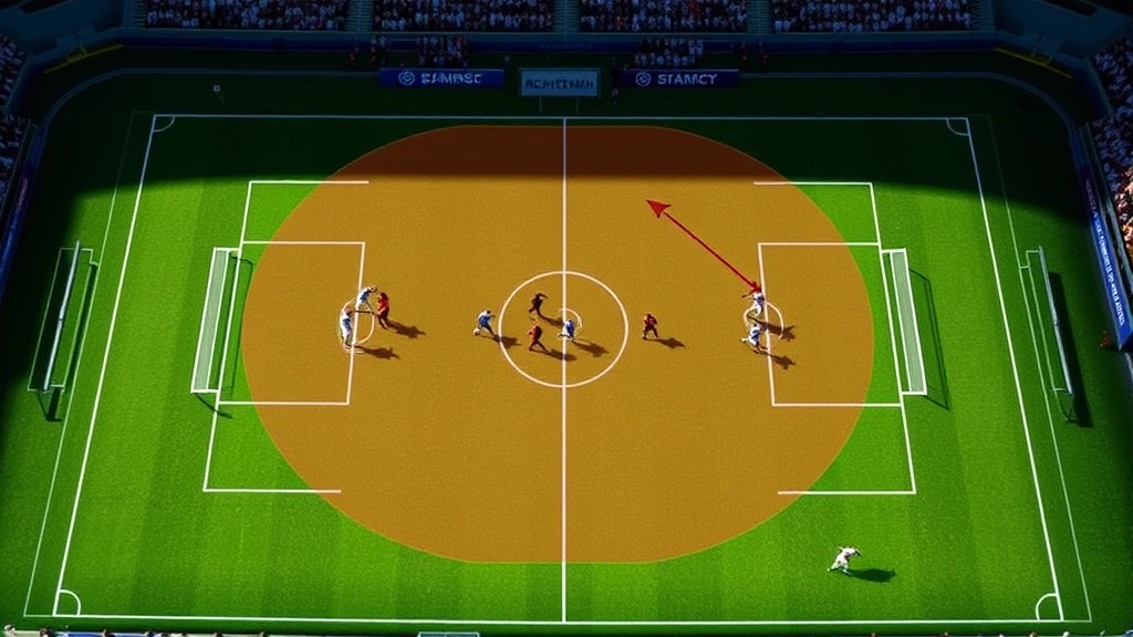 Football tactical formation diagram visualization showing player positioning strategy, aerial view perspective, players in motion during organized defensive structure, demonstrating sophisticated tactical organization and spatial awareness
