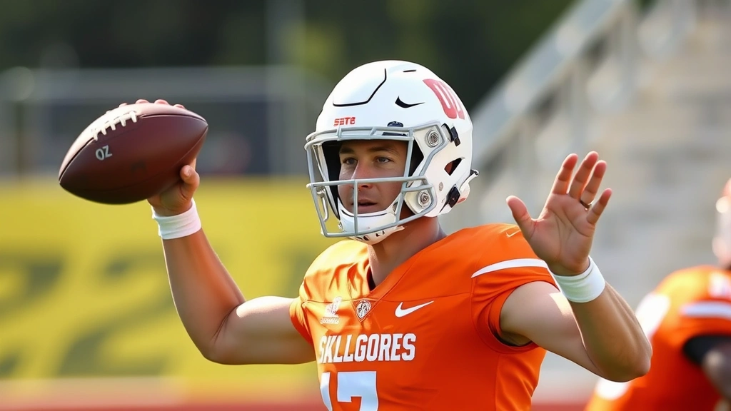 Professional quarterback in Oklahoma State Cowboys uniform executing precise passing motion during daytime practice, football spiraling through air with focused intensity