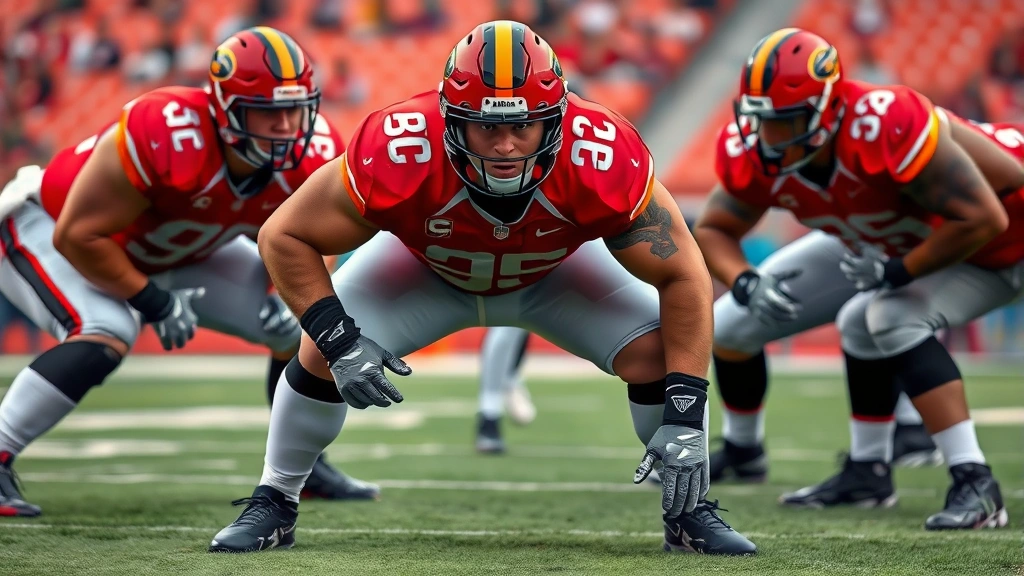 Elite defensive lineman in football stance demonstrating athletic positioning, muscular build, aggressive ready position during defensive drill with stadium background