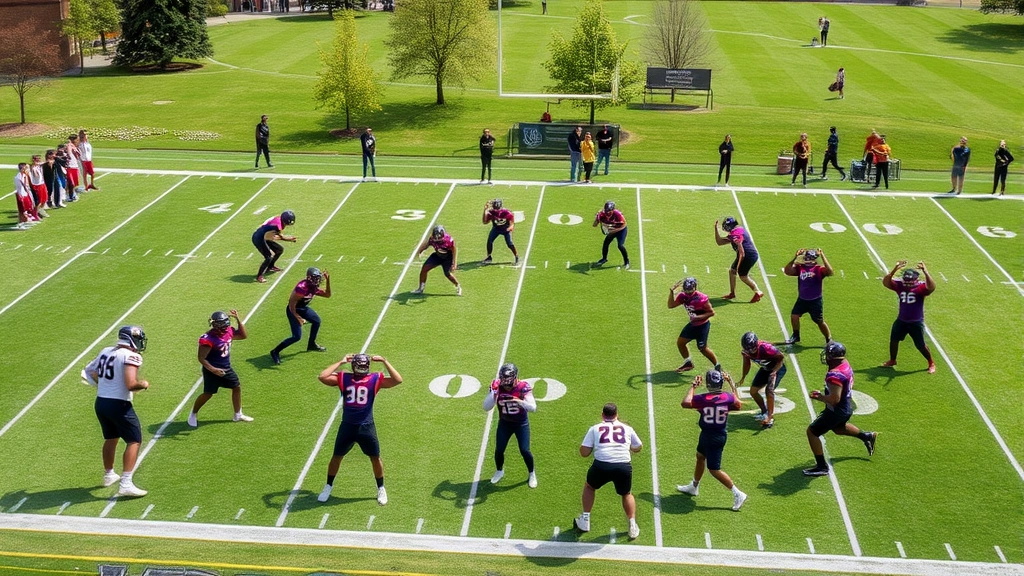 College football field with players executing organized team drills, multiple athletes demonstrating strength and conditioning exercises, professional athletic performance environment