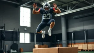 College football athlete performing explosive box jump in modern strength training facility with natural lighting, focused intensity, athletic wear, showing maximum vertical leap power
