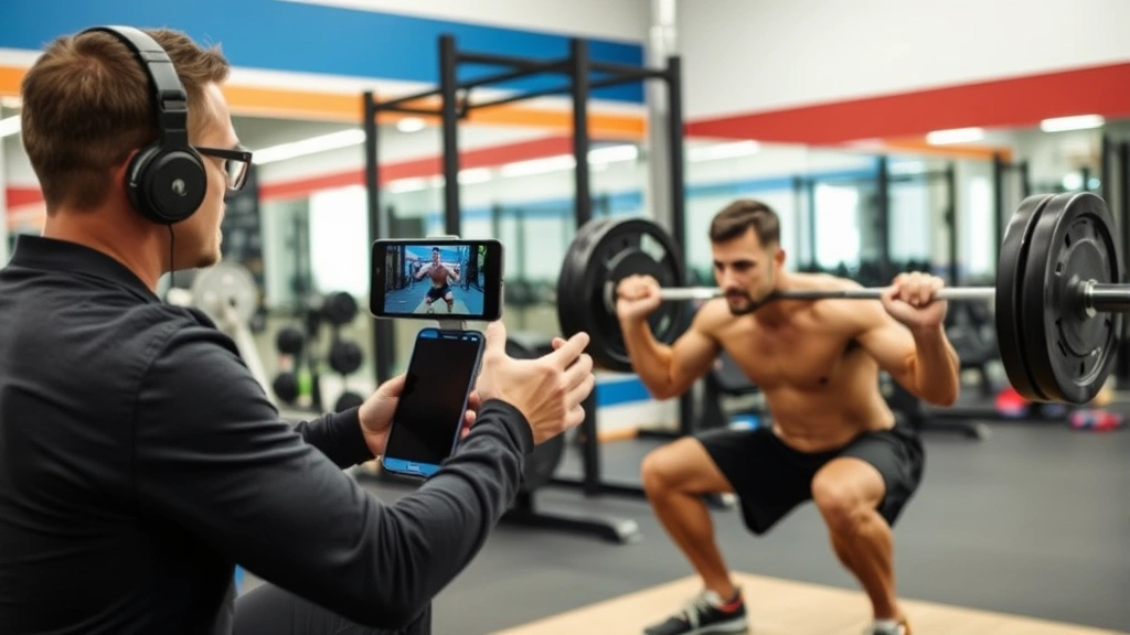 Professional strength and conditioning coach analyzing athlete's squat form using video analysis technology, detailed movement assessment, gym environment with strength equipment visible