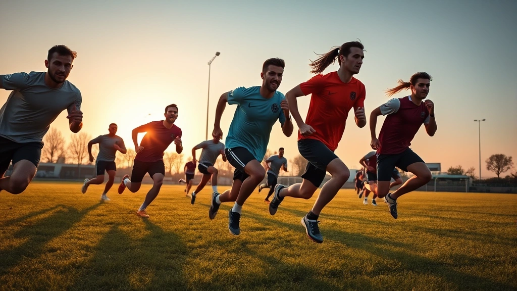 Team of athletes performing high-intensity interval training sprint drills on grass field during sunset, multiple players at different sprint positions, explosive effort captured mid-motion