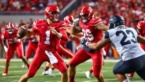 Professional football players in Utah Utes red uniforms executing precise passing play with quarterback releasing football mid-motion, aggressive defensive lineman rushing toward line of scrimmage, realistic stadium lighting