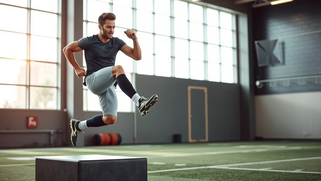 Athletic football player performing explosive box jump in modern training facility with natural lighting, focused expression, mid-jump position