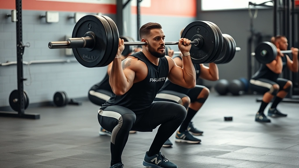Team of football athletes performing barbell back squats with perfect form, concentrated effort, strength training environment with professional equipment