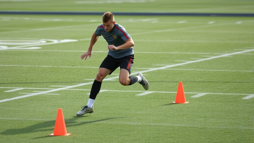 Football player executing lateral agility drill with directional cones, dynamic movement, athletic speed training on field