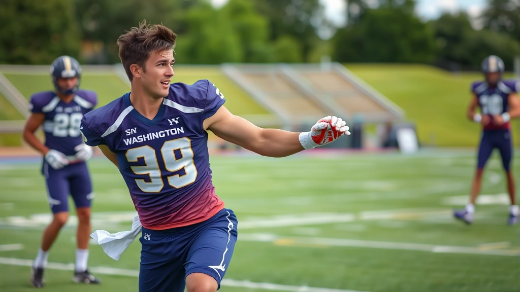 Athletic male football player in University of Washington uniform performing intense training drill on grass field, muscles tensed, focused expression, daytime outdoor practice facility