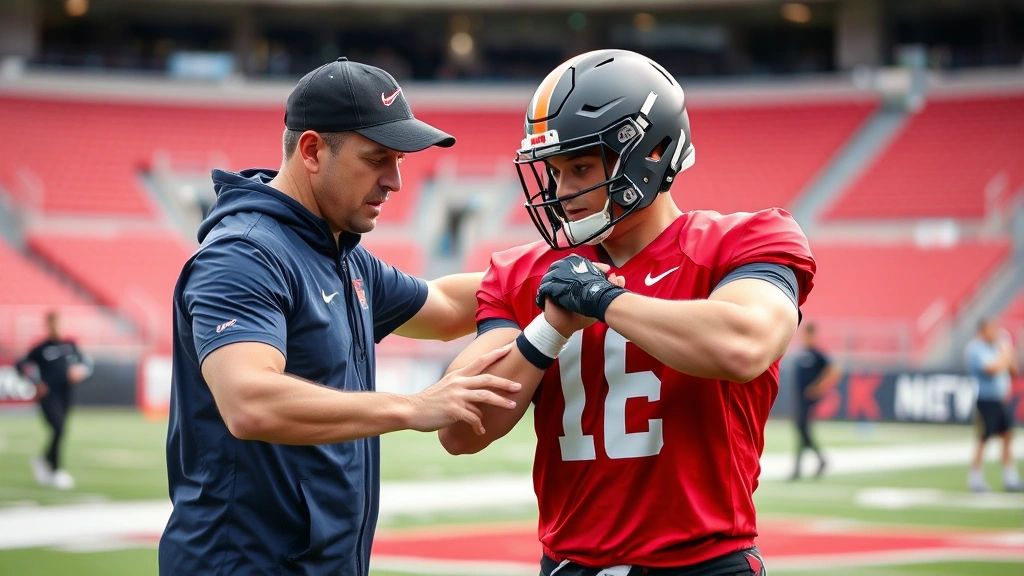 Professional strength and conditioning coach working with football athlete on field, demonstrating proper form for explosive training exercise, athletic stadium setting, motivation and improvement focus