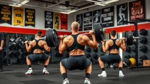 College football players performing barbell back squats in a modern university strength and conditioning facility with motivational posters, intense focus and proper form, natural lighting