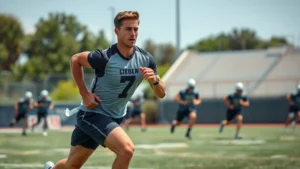 Athletic football player sprinting at full speed on field during intense conditioning drill, muscles engaged and determined expression, bright daylight