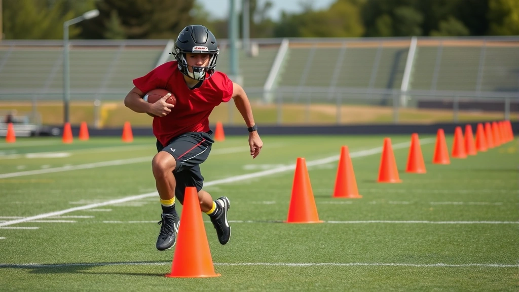 High school football player performing shuttle run agility drill with cones, explosive lateral movement and athletic form, outdoor practice field