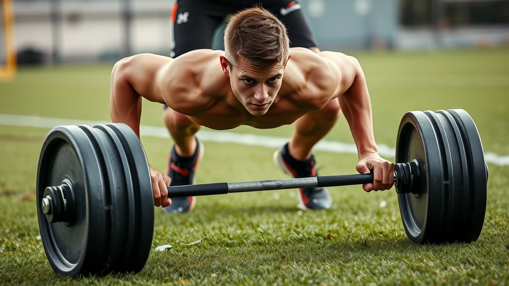 Young athlete pushing weighted sled on grass field with explosive power and intensity, lower body drive and controlled form, professional conditioning setup